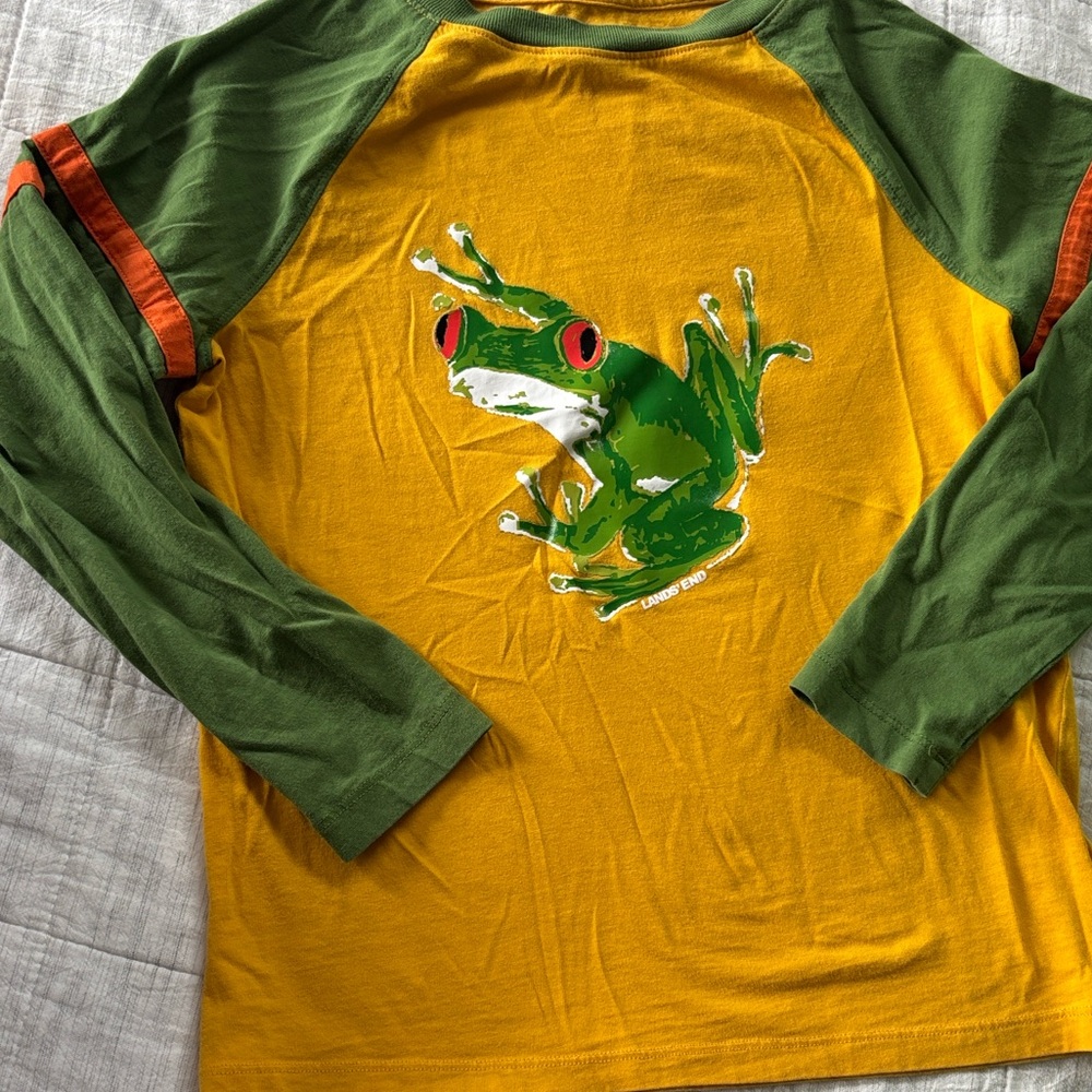 Lands' End Green and Gold Frog Long Sleeve Tee. Size sm (6/7)